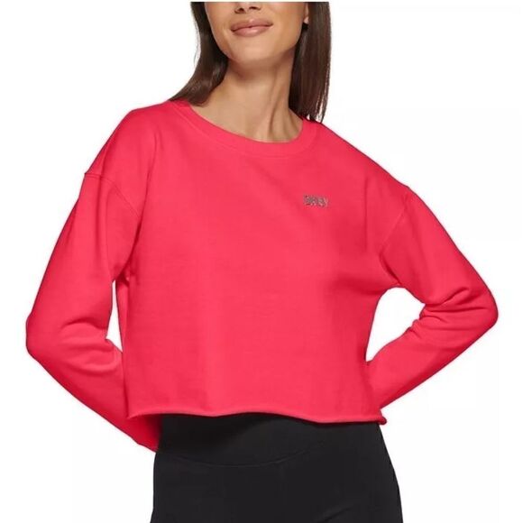 Dkny Sport Women's Metallic Logo Cropped Sweatshirt  shirt- Fiery Pink L - Picture 1 of 8